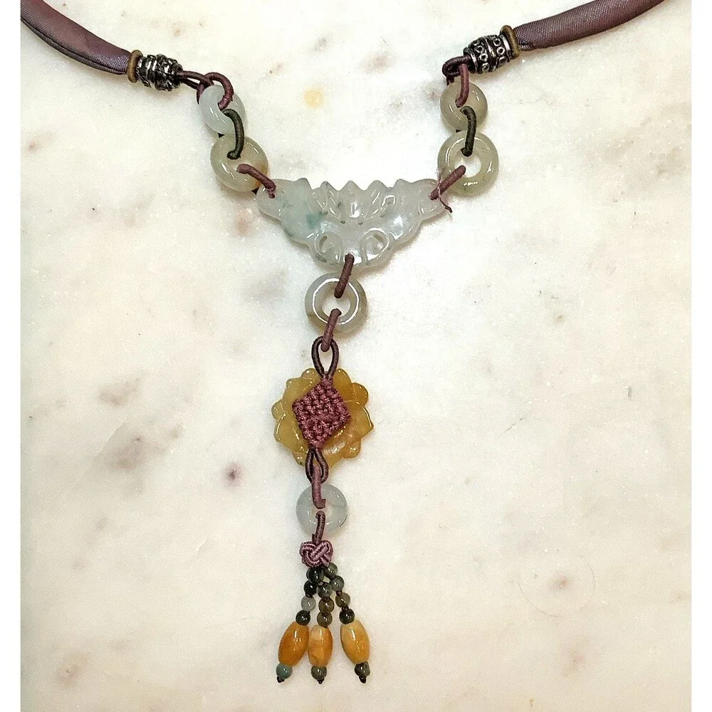 Vintage Jadeite Carved Necklace Y-Drop Pendant Silk Cord Asian Bead Lariat